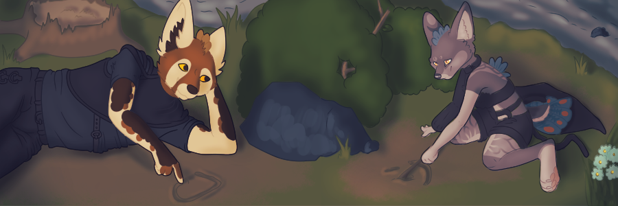 a digital illustration of two anthro bird fox hybrids drawing in the dirt